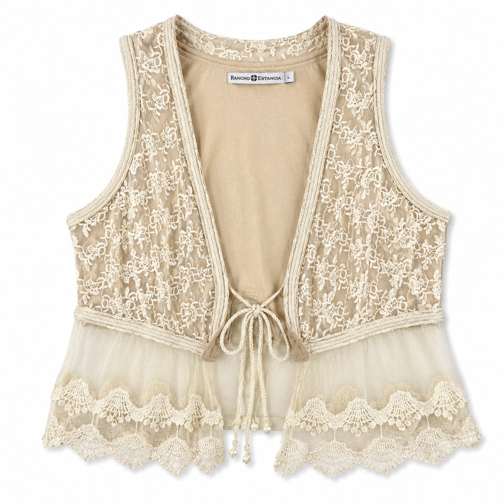 Boho Western Lace Fairy Mesh Cottagecore Rancho Estancia Tan Cropped Vest L Soft